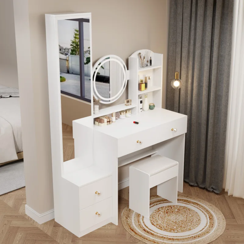 Full Body Mirror Cabinet   Round Mirror LED Vanity Table   Cushioned Stool, Touch Control,Brightness adjustable, Large desktop