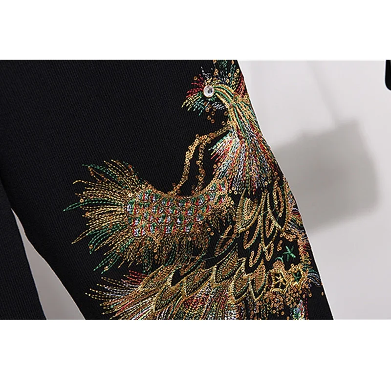 

Вязаный спортивный костюм с ручной вышивкой бисером Феникс, женский черный свитер, брюки-карандаш, наряды из двух предметов, вязаный костюм, женский