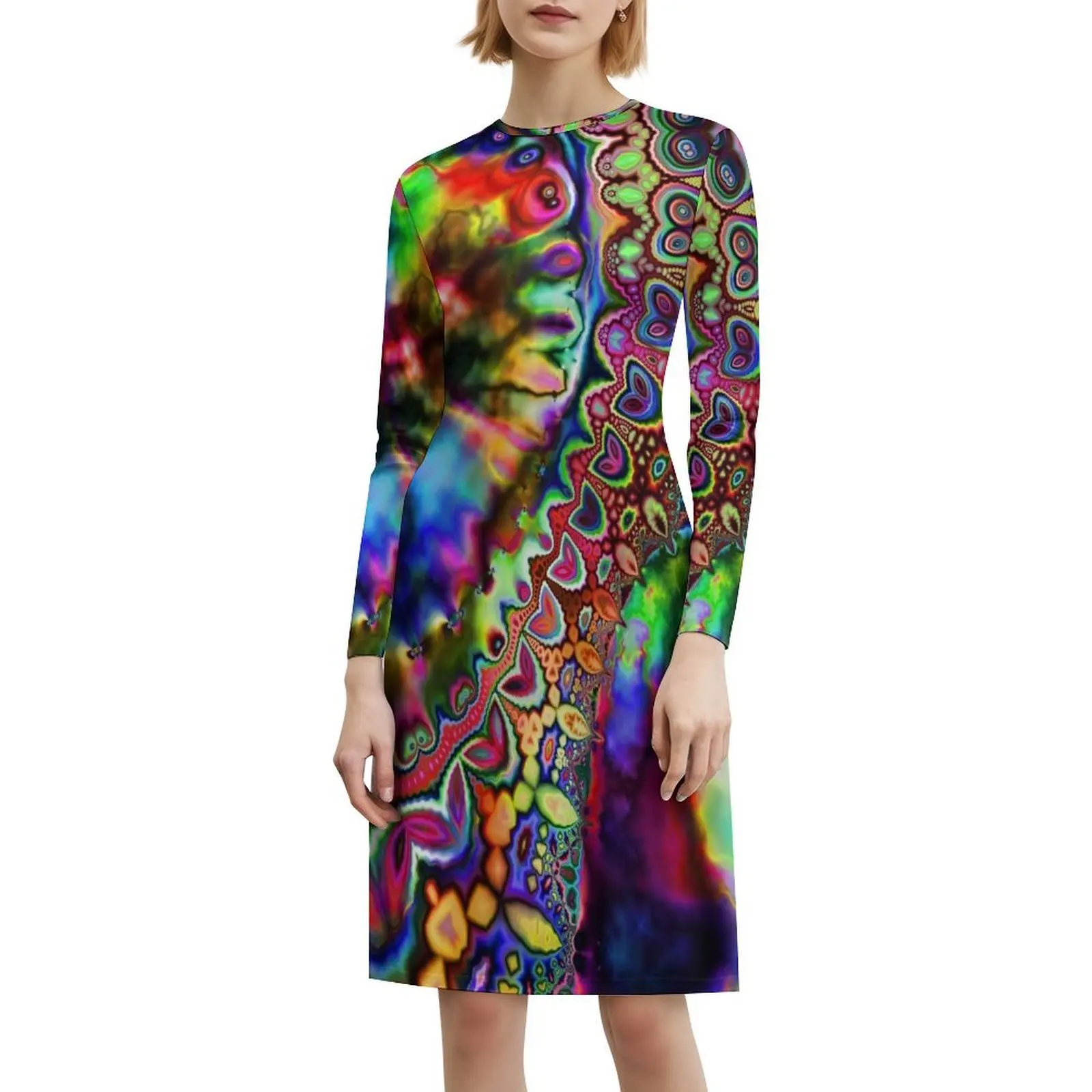 Sukienka w stylu koreańskim dla kobiet, elegancka sukienka codzienna na imprezę lub do noszenia na co dzień, tęczowy fraktal, psychodeliczna, trippy.