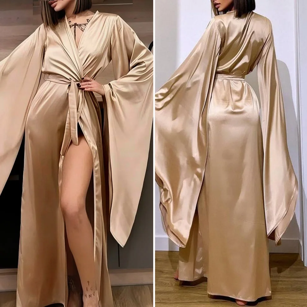 

Long Ankle-Length Women's Spwear Robe Bla Champagne Color Extended Summer Morning eup Batobe Home Comfortable Pajama