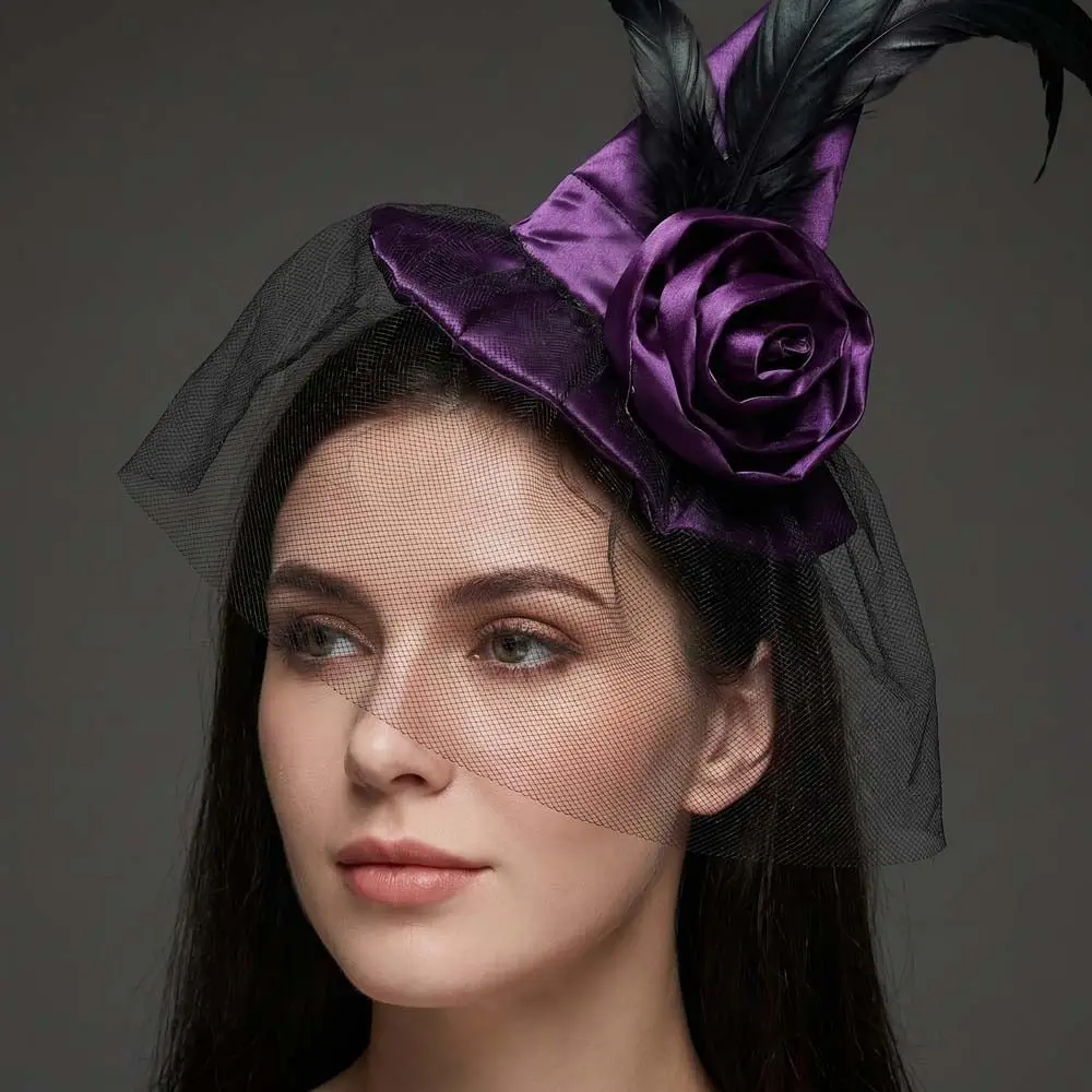 Creative Folds Halloween Witch Hat Feather Design Satins Retro Veil Witch Hat Black Cosplay Photo Props Wizard Cap Party
