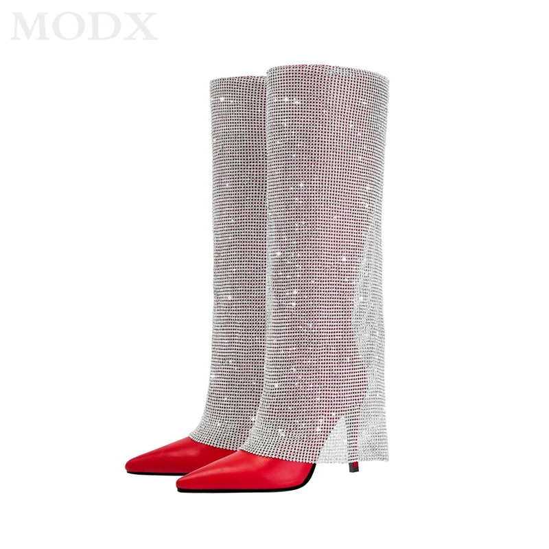 

2023 New Pointed Toe Side Zip Thin High Heel Fashion Big Size Boots Female Full Rhinestone Splicing Trouser Tube Boots For Women