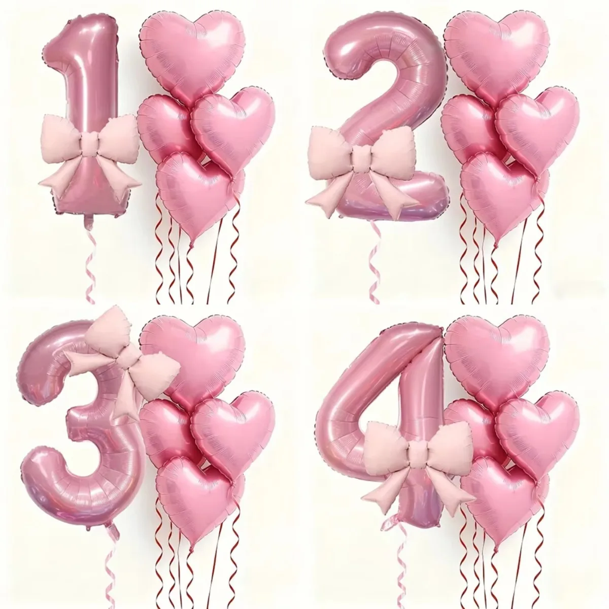 6Pcs Pink Number Bow Party Balloon Set with Heart Balloons for Birthday Party Decor Anniversary Festival Celebration Photo