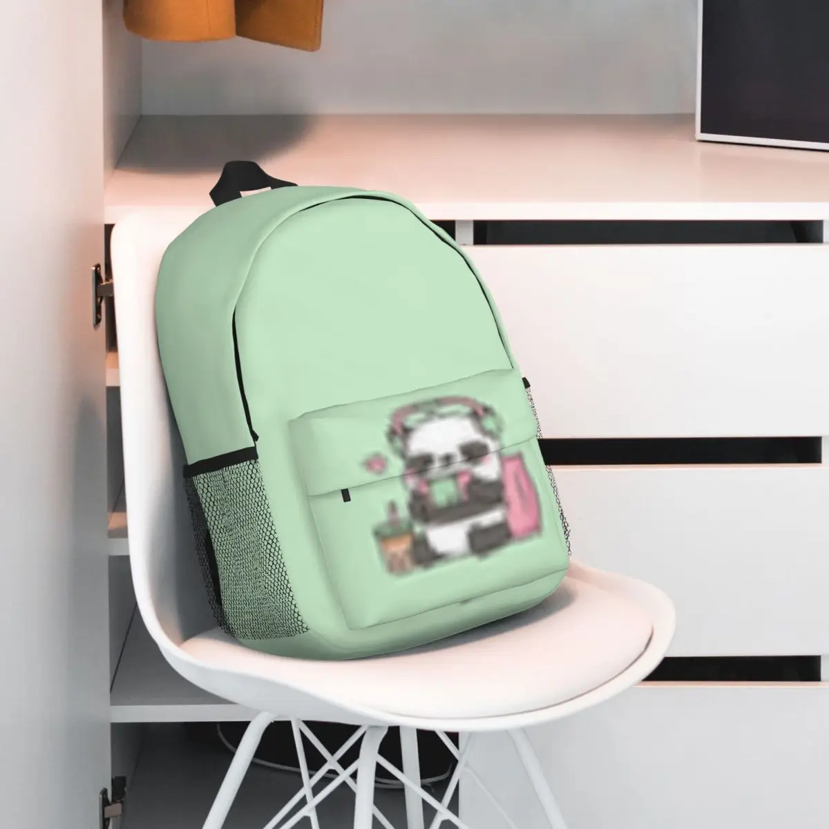 Cute Little Panda Gamer Mochila com fones de ouvido para meninas e meninos, grande capacidade mochila estudantil, leve, impermeável, 15 Polegada