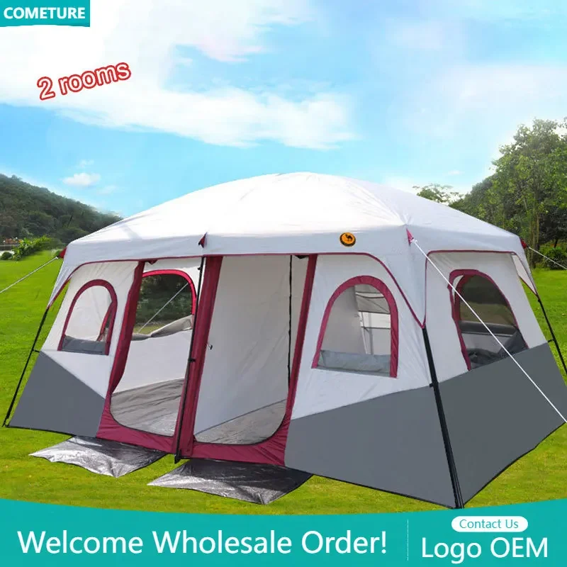 

Outdoor Tent 2 Rooms Double Layer Family Camping Party 8-12 Persons Waterproof Windproof Top Rainfly Mesh Windows Portable Bag