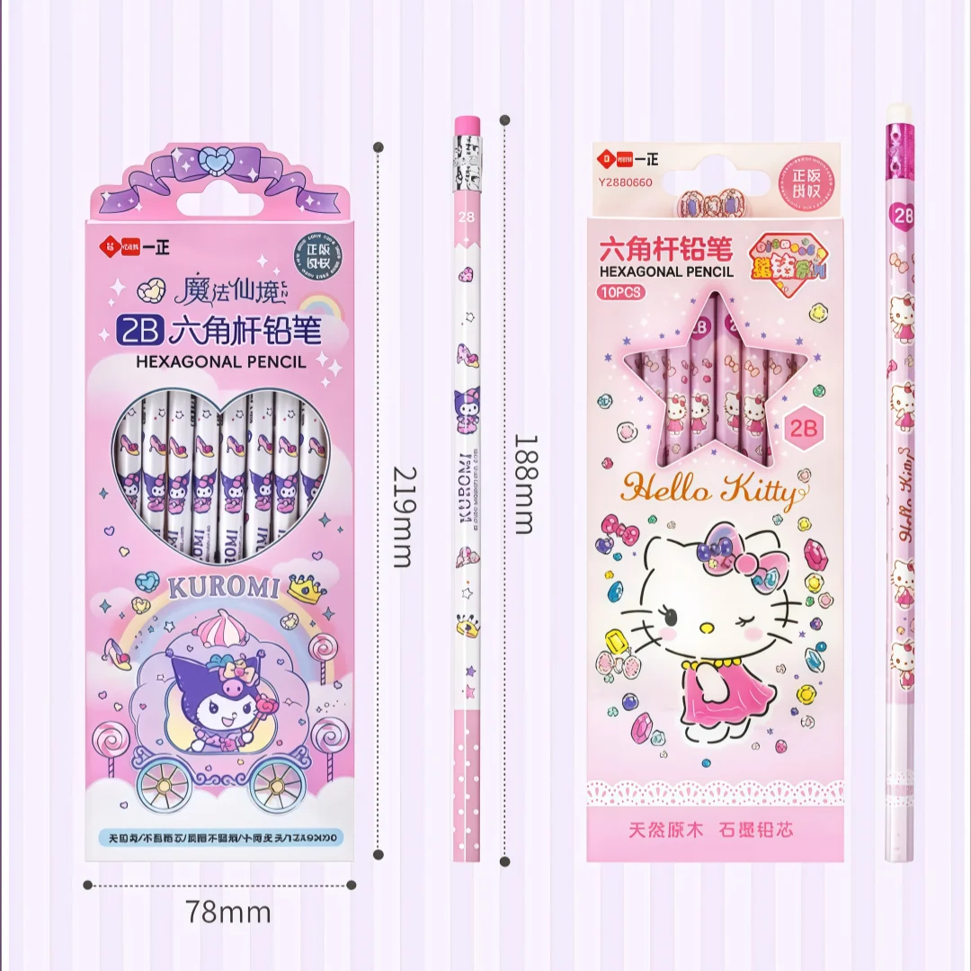 10‑Pack Genuine Hello Kitty Hexagonal HB Wooden Pencils, Safe Non‑Toxic Break‑Resistant Lead, Cute Stationery for Students