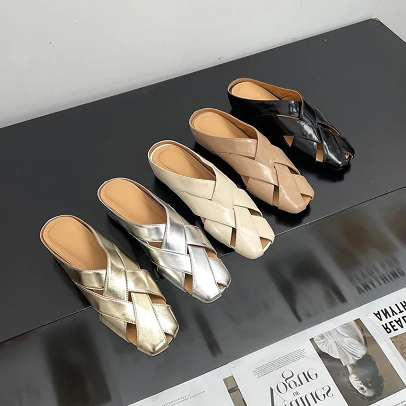 Soft Leather Zapatos Mujer2024 Tendencia Cross Bandage Heeled Sandals Slippers Sandalias De Tacón Flat Casual Shoes Women Summer