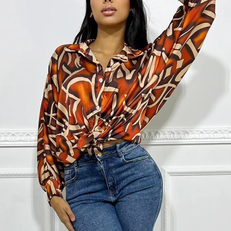 casual loose long sleeve print shirt blouse women spring autumn fshion office lady button batwing sleeve shirts top femme