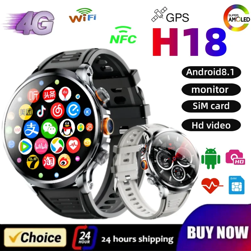 

H18 Smartwatch: 1.95" HD Curved Screen, 4G LTE WIFI GPS, NFC, SIM Card Support, Side Camera, Android OS