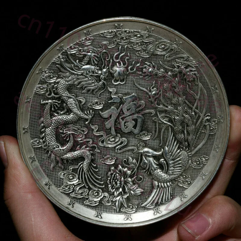 

4" Old China Silver Zodiac Year Animal Dragon Phoenix Round Plate Dynasty Tray