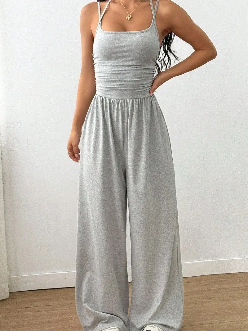 

Женский облегающий комбинезон с двойными бретелями, однотонный, с высокой талией, широкими штанинами, весна 2026, из тонкого полиэфирного волокна