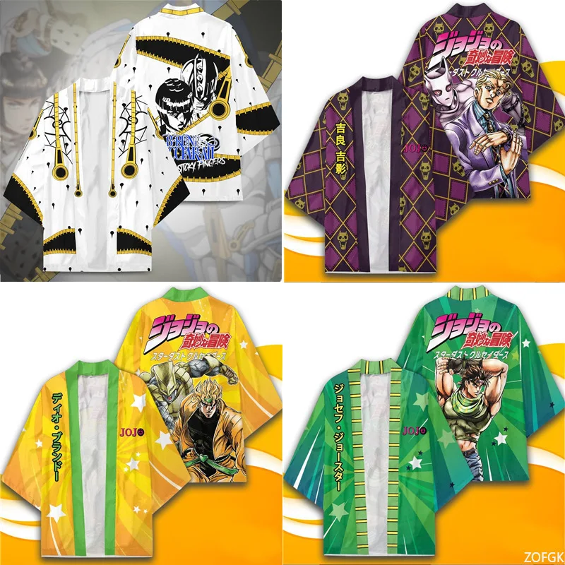 Anime Bizarre Adventure Anime Cos Capa de kimono de punto con plumas Cuello abierto de media manga con estampado 3D