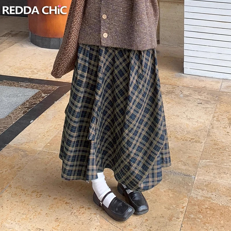 

ReddaChic Teen Girl Checkered Midi Long Skirt Color Block Tartan Irregular Patchwork Elastic Waist Women Bottoms Vintage Clothes