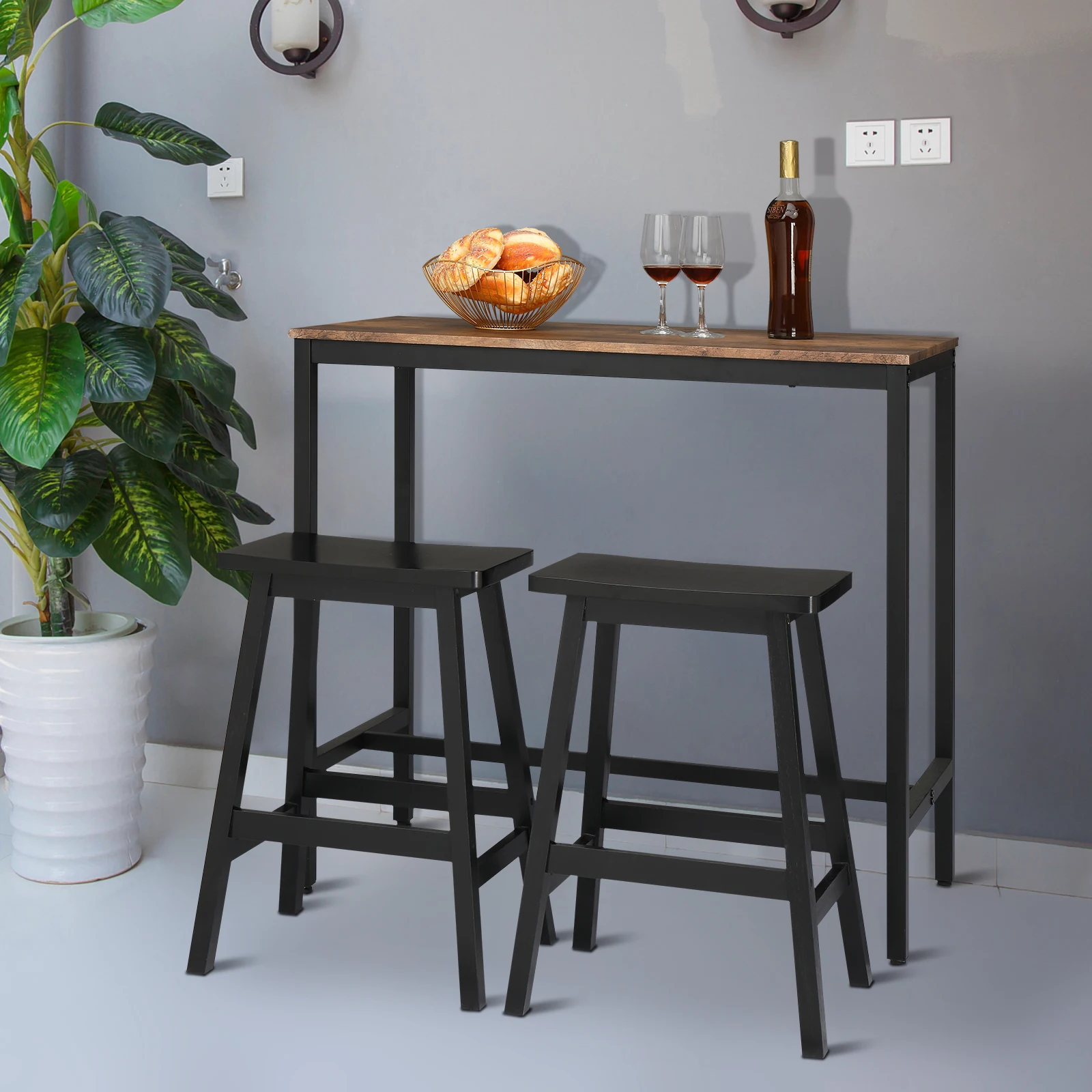 Taburete de barra con asiento de silla de montar de madera de pino, color negro, 2 uds.