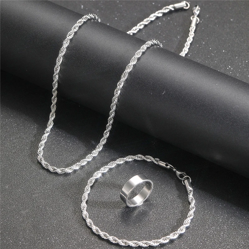 Punk Silver Color Men Necklace Bracelet Ring 3 Pcs Jewelry Set for Boy Casual Hip Hop Stainless Steel Fashion Accessories Gift