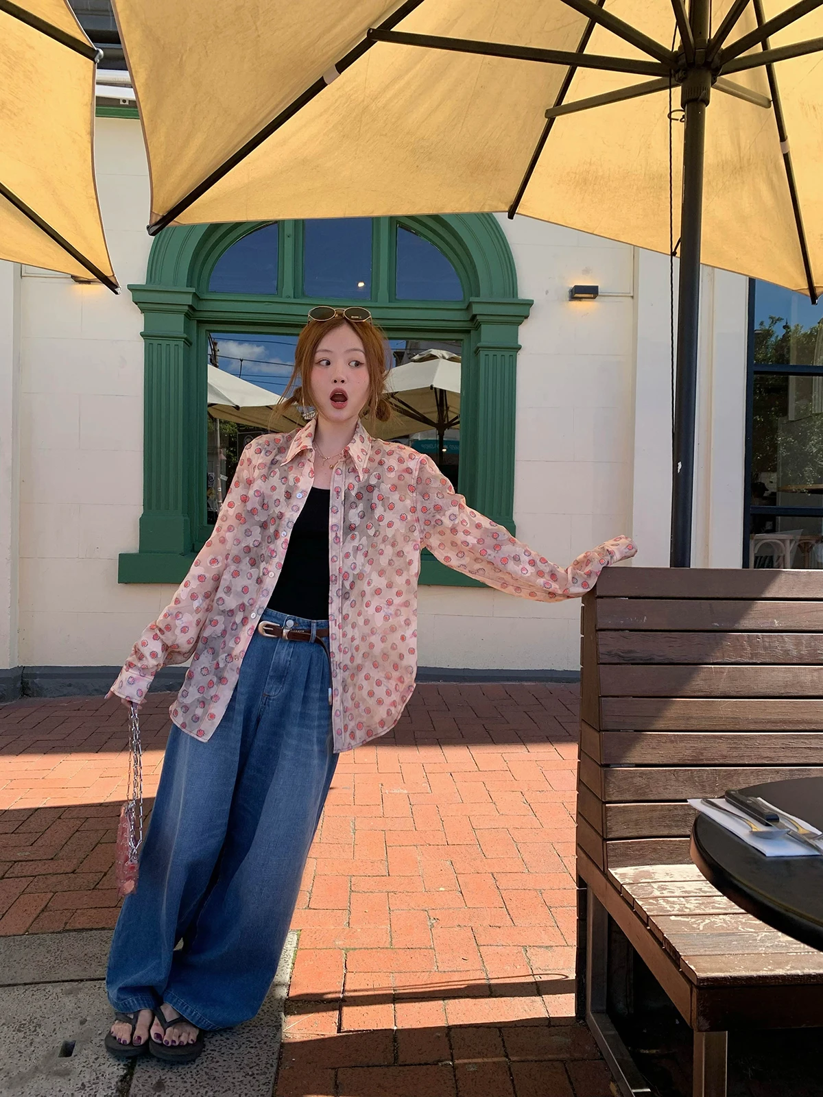 

Casual Sle adient Pink Floral Print Thin irt Loose Fit Long Sve Button up Women's Premium Faion Polyester Fiber