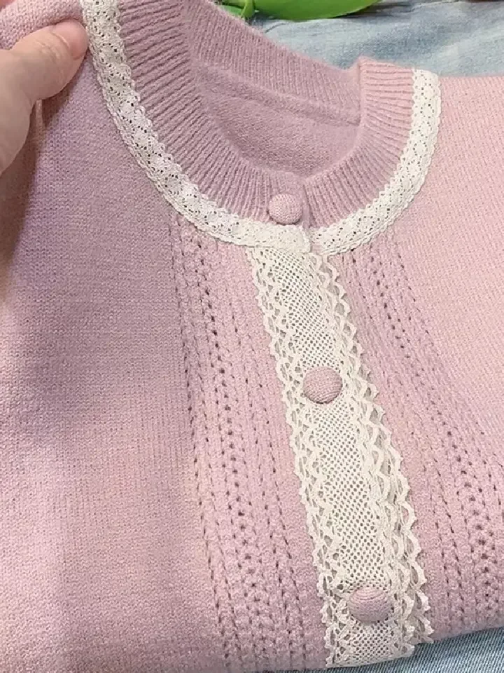 フレンチスタイルレーススプライスセーター秋冬Oネック長袖ニットカーディガン女性2025新作透かし編みゆったり万能トップス