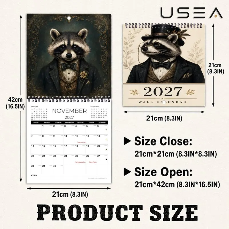 2027 Hanging Wall Calendar,12-Month Planner & Organizer, Habit Tracker,  Vintage Gentleman Raccoon Art, Xmas New Year Gift