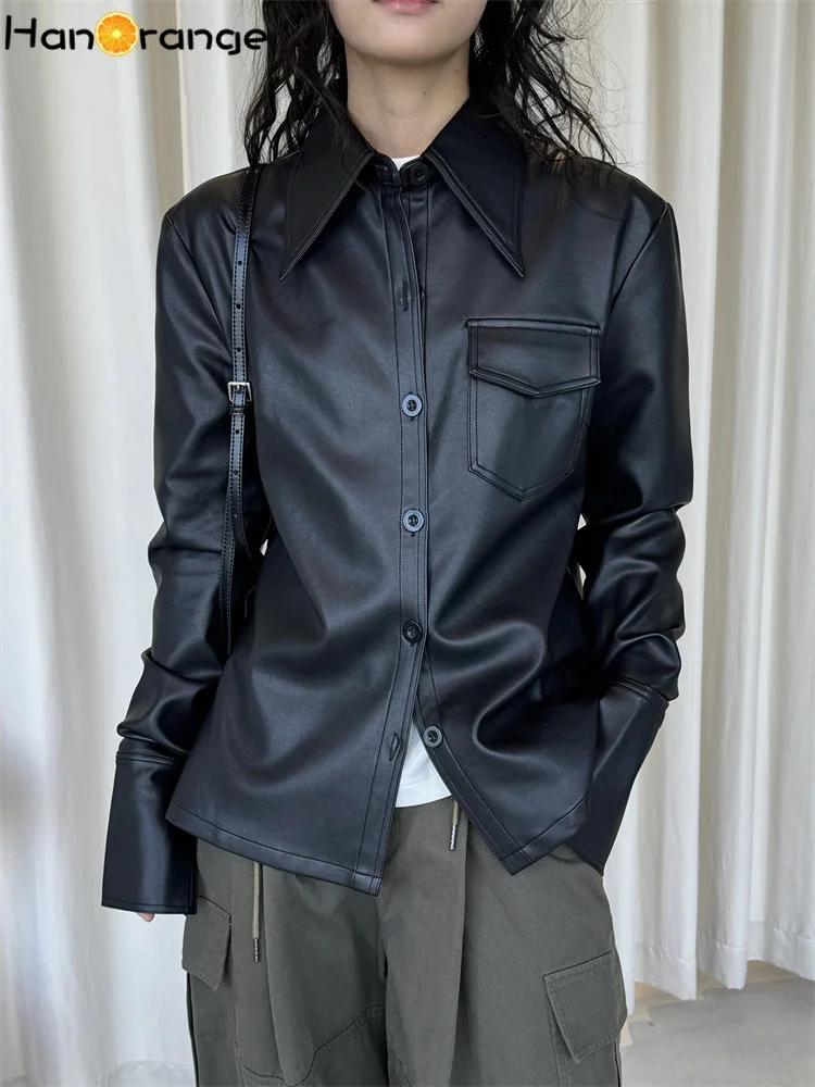 سترة HanOrange 2026 أوائل الربيع بياقة كبيرة من البولي يوريثان للنساء مخطط فضفاض باللون الأسود