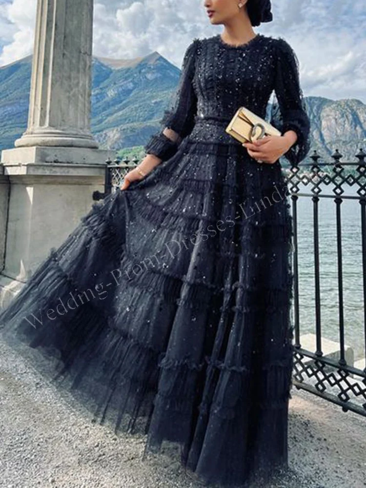 Black Luxury Beads Sequin Prom Dresses for Women Tulle O-Neck Floor-Length A-Line Formal Occasion Vestidos Para Mujer فستان 2023