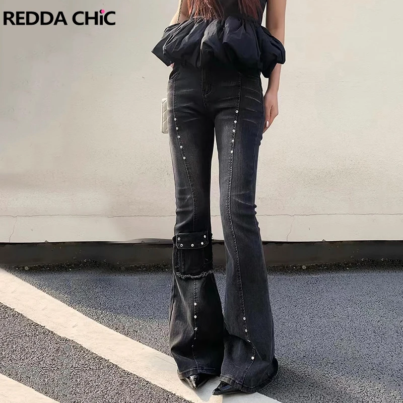 

ReddaChic Star Rivets Flare Jeans Women Bell Bottoms Do Old Slim Fit High Waist Stretch Denim Cargo Pants Punk Retro Streetwear