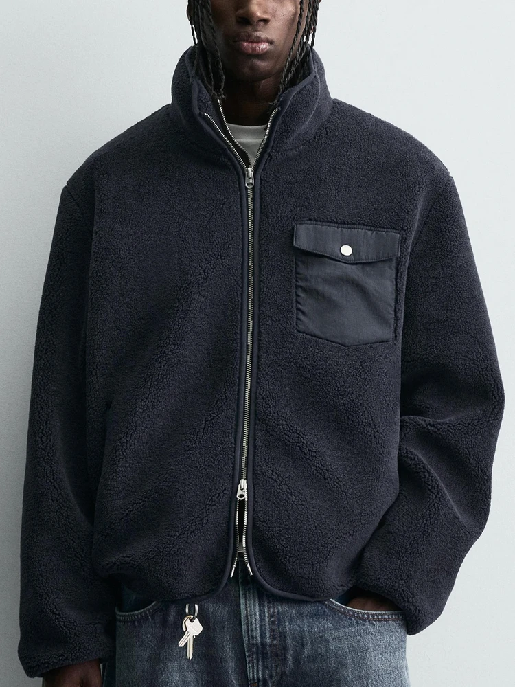 

Loose Fit Lamb Fur Jaet Men's Autumn Winter New Sle Stand Collar ket Design Casual Faion Polyester Fiber Jaet