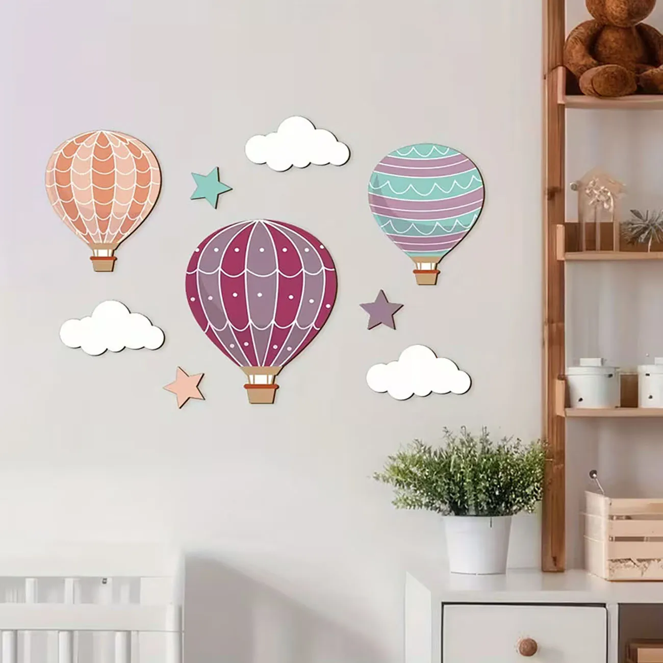 Hot Air Balloon Cloud Star Wooden Wall Decor with Nano Tape No Drilling for Nursery Kids Bedroom view 5