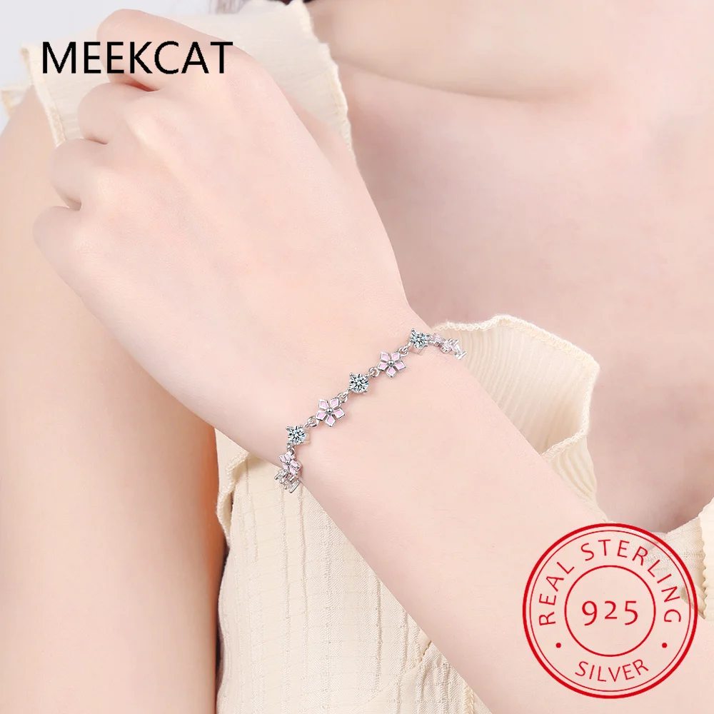 925 Sterling Silver Moissanite Gemstone Bracelet for Women Lab Diamond Pink Enamel Sakura Bracelet for Engagement Party Gift