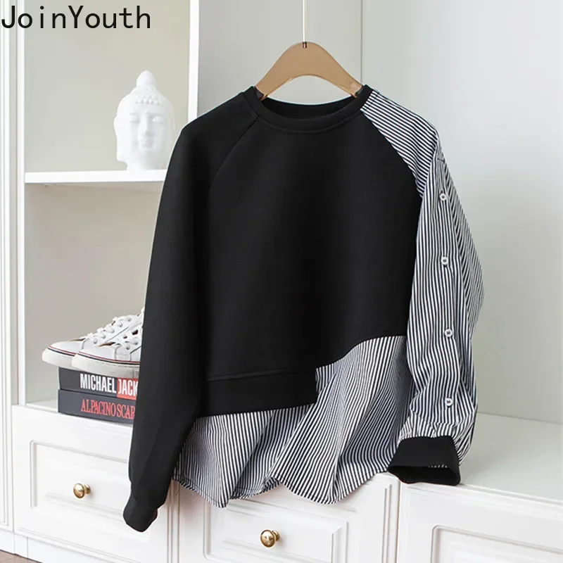 Streetwear Temperament Sweater O Neck Patchwork Pullover Fashion Women Hoodies Autumn Irregular Striped Loose Pullovers Tops