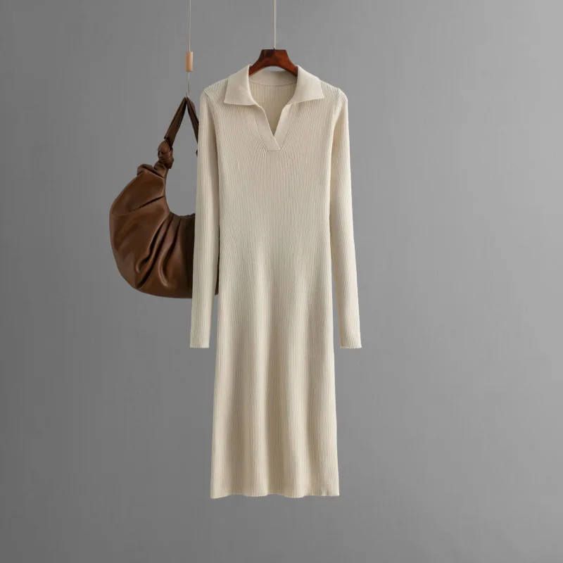 

2026 New Fashion Autumn Winter Women’s Solid Color V-neck Turn-down Collar Long Sleeve Casual Trendy Simple Basic Dresses Female