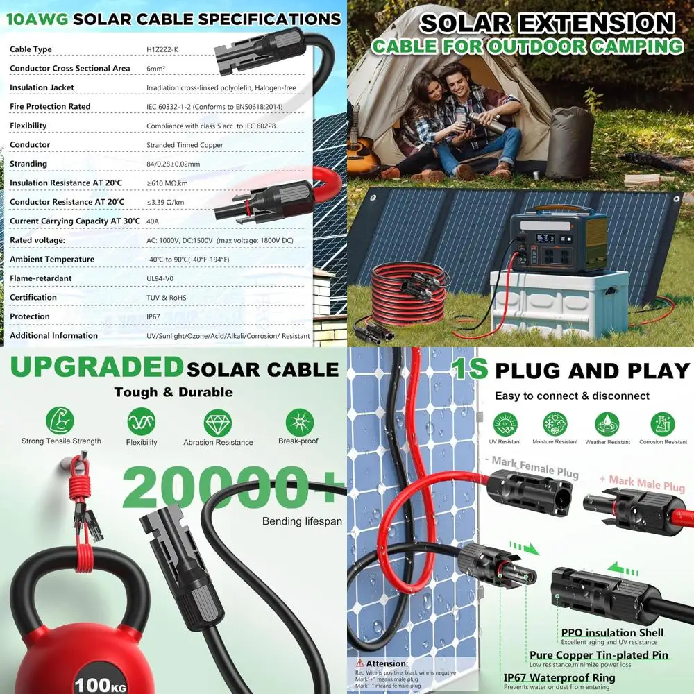 

Кабель-удлинитель для солнечных панелей 50 футов, 10AWG, из луженой меди, для автодомов, лодок, кемпинга