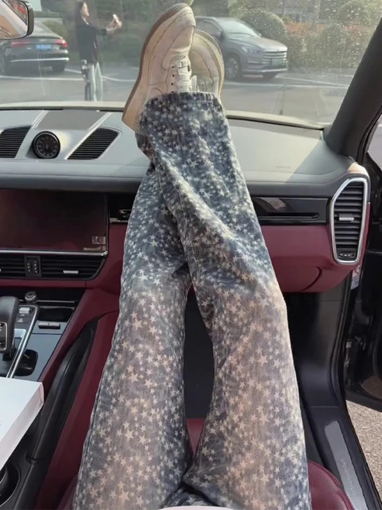 

Мужские джинсы с вышивкой звездами, прямые, расклешенные, зимние, модные, повседневные, свободного кроя, со средней посадкой, на молнии, для подростков