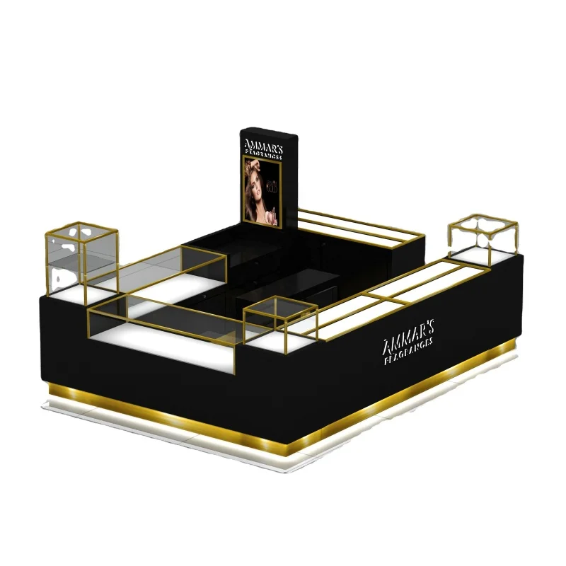 

Custom, Modern Mall Kiosk Design Glass Perfume Display Cabinet with LED Light Luxury Mall Perfume Kiosk