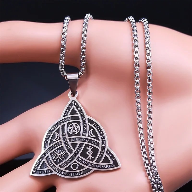 Witch Triquetra Trinity Celtic Knot Necklace Stainless Steel Pentagram Triple Moon Goddess Necklaces Jewelry collar N3406S02