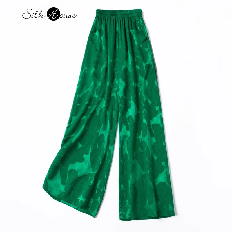 

2024 Summer New Heavyweight 30MM 50% Natural Mulberry Silk GuanLe Satin Relief Green Pocket Design Women's Wide Leg Pants