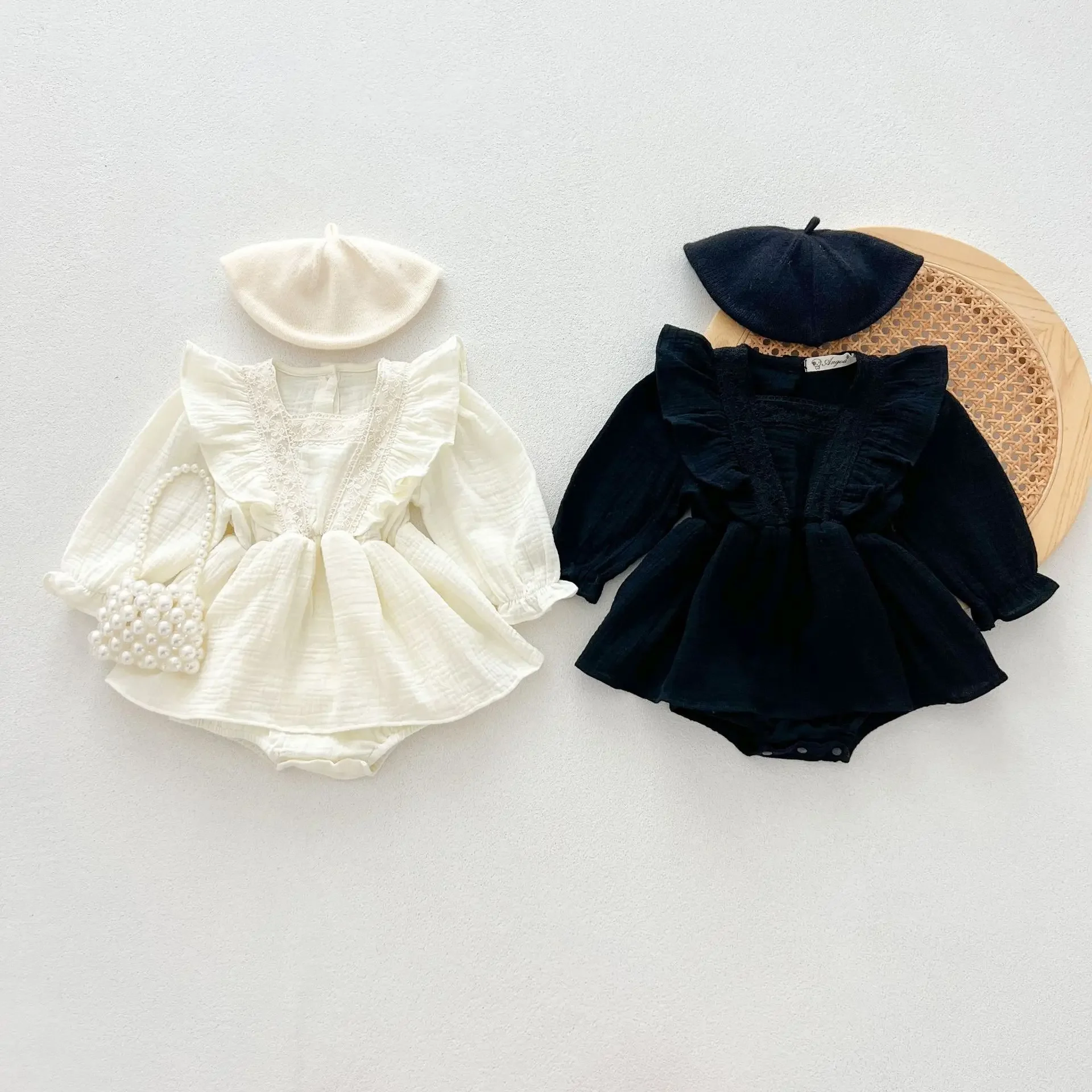 2024 Autumn Baby Girl Jumpsuit Long Sleeved Hundred Day Banquet Clothes Solid Lace Cotton Dress Rompers