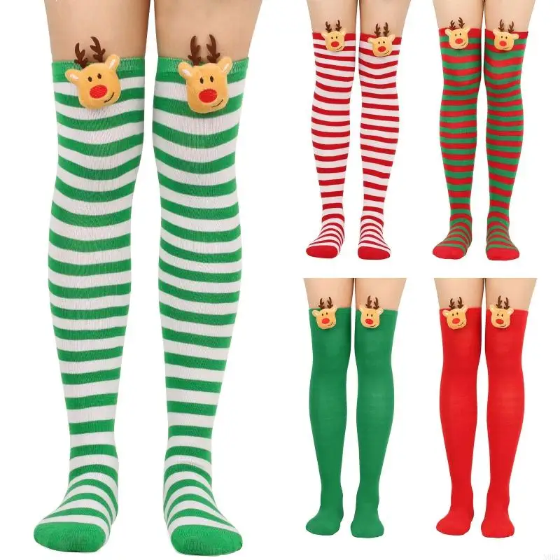 N0HE Striped Over Knee Long Socks Christmas Holiday 3D Plush Reindeer Thigh High Stockings Hosiery for Women and Girls