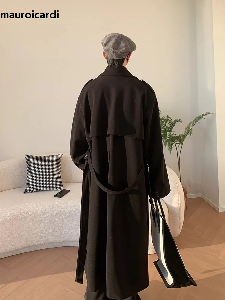 Mauroicardi Autumn Winter Long Oversized Windproof Black Warm Woolen Coat Men Sashes Double Breasted Wool Blends Overcoat 2023