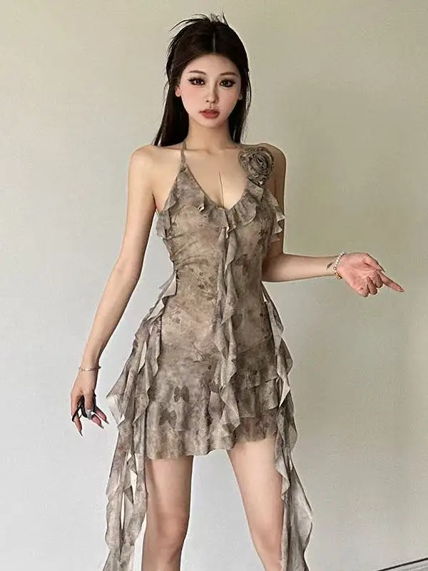 Vestido E e Sexy com Babados e Decote em Camadas, Saia Curta Irregular de Cintura Alta, Estilo Verão para Mulheres