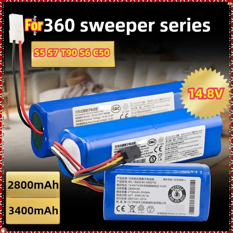New 14.8V 2800mAh-3400mAh Li-ion Battery Pack For 360 S5 S7 T90 S6 C50 Robot Vacuum Cleaner