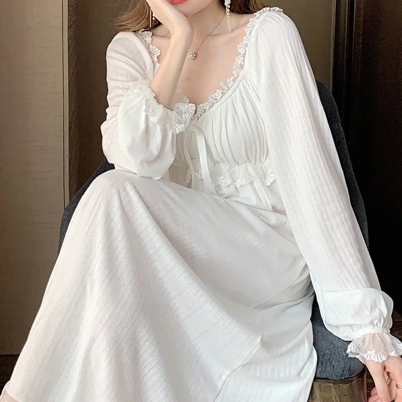 Lace Women Nightgown Korean Sleepwear V-neck Nightwear Solid One Piece Pajamas Padded Autumn Sleeping White Elegant Night Dress