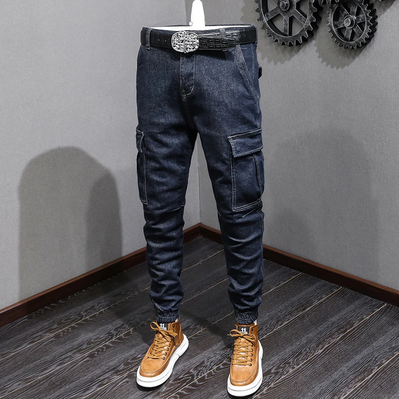 Fashion Designer Men Jeans Retro Dark Blue Big Pocket Casual Denim Cargo Pants Hombre Streetwear Hip Hop Joggers Men Overalls