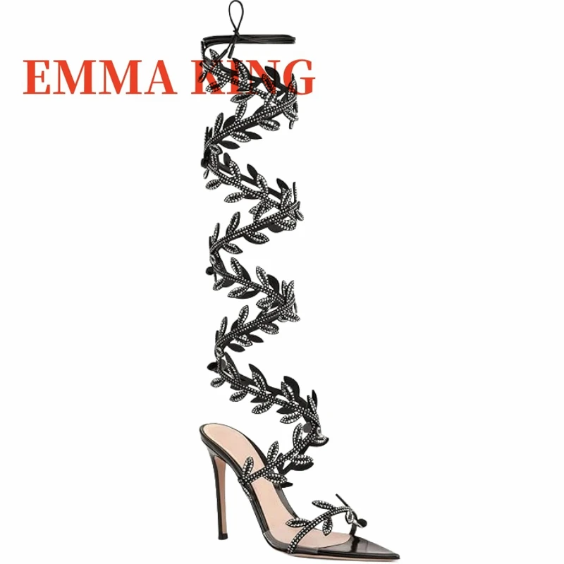 كعب عالي مزين بأوراق شجر للنساء مثير مفتوح من الأمام صنادل بكعب ستيليتو من حجر الراين لحفلات الزفاف المسائية #1