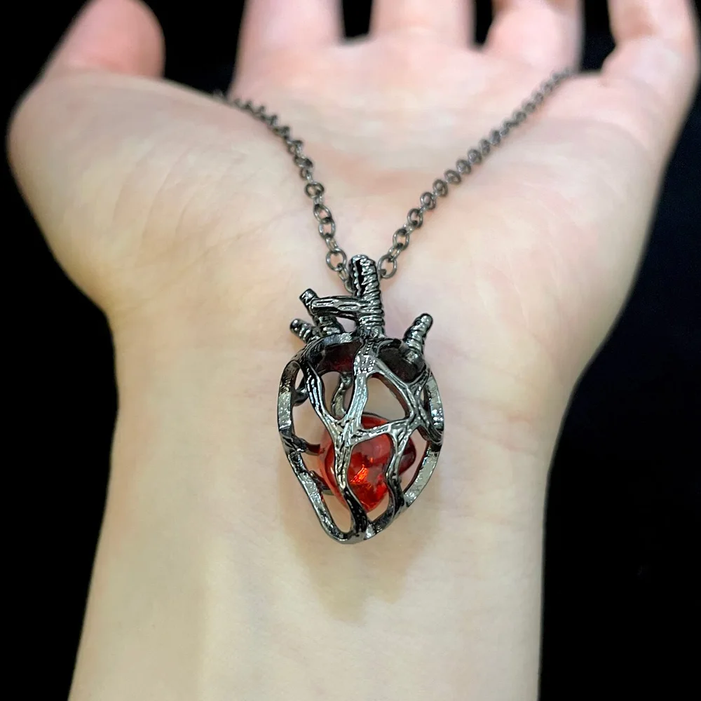 Heart Pendant Vintage Hollow Red Crystal Inside Gothic Soul Resonance Dark Punk Necklace Jewelry Gift For Men Women
