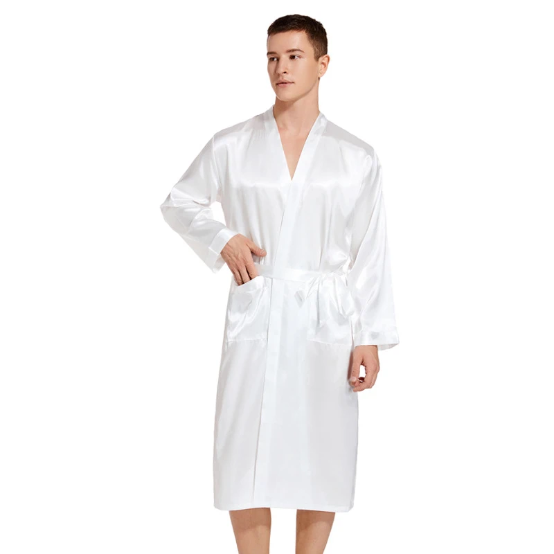 Wholesale Men\'s V Neck Solid Satin White Robe Kimono Long Bathrobe Pajamas Nightgown Lightweight Sleepwear for Wedding Party