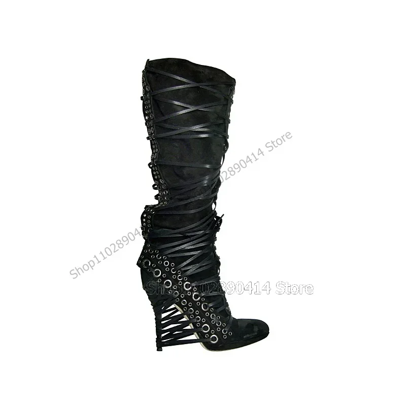 

Black Metal Decor Leather Band Strappy Boots Mid Calf Women Shoes Thin High Heels Sexy Fashion Runway 2025 Zapatos Para Mujere