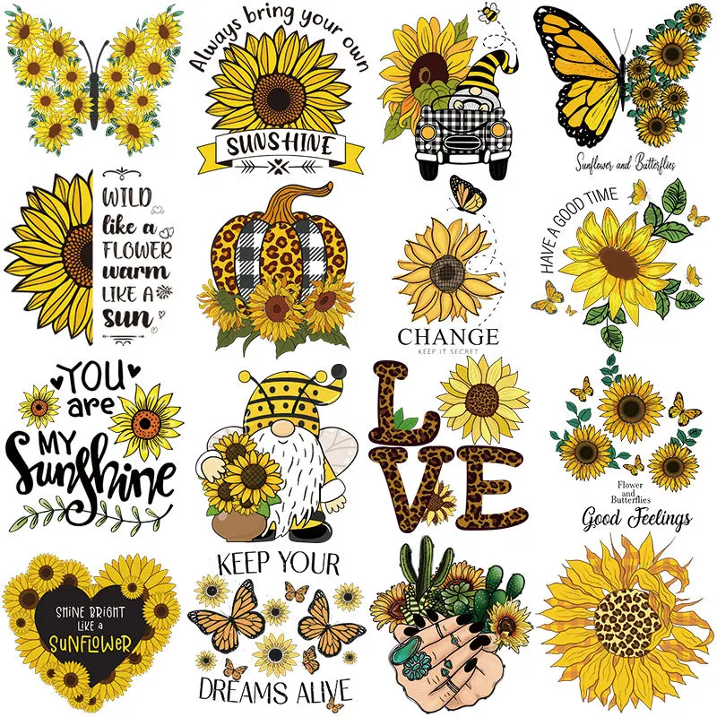 Painted Sunflower Print Iron Heat Transfer Sticker Clothes Hot Decal Washable T-shirt Decal DIY