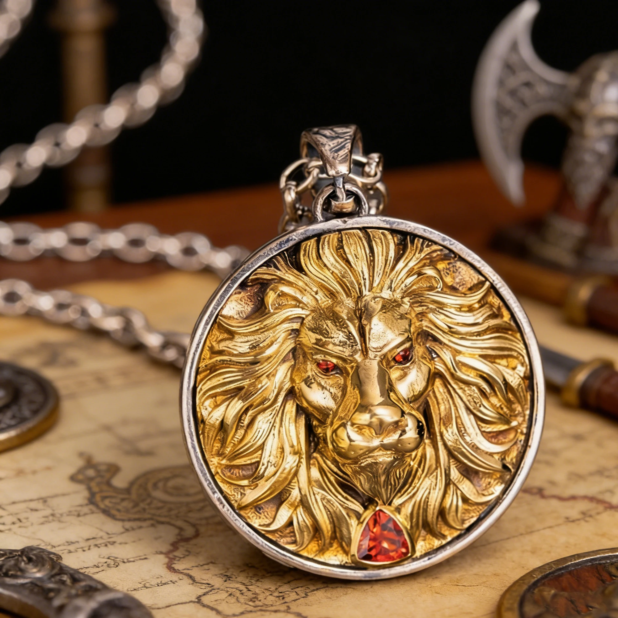 Men Lion Head Pendant Necklace Two‑Tone Metal Red Cubic Zirconia Vintage Totem Medallion Necklaces Punk Retro Male Amulet Jewelr