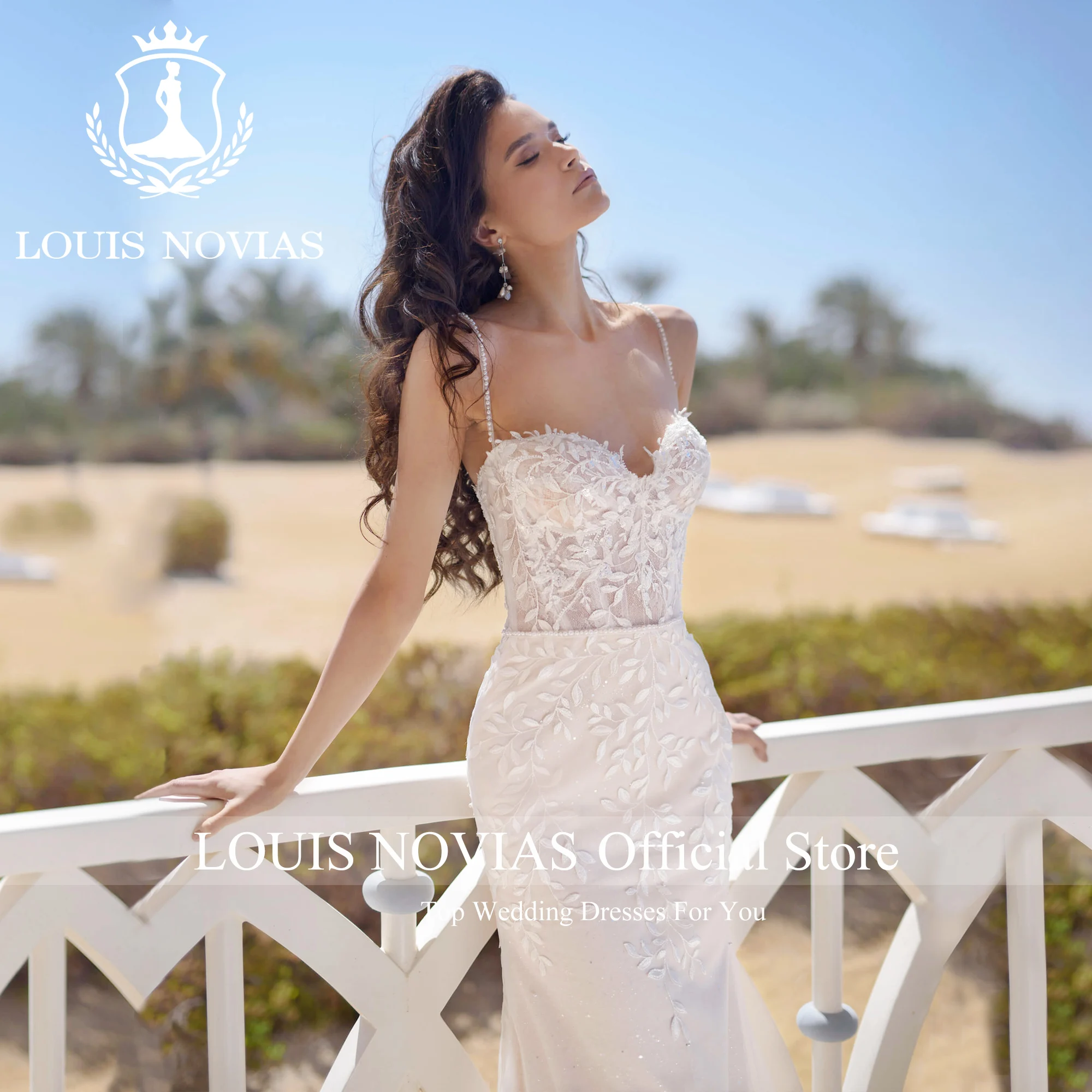 Louis novias cintas de espaguete sereia vestidos de casamento elegante deslumbrante querida destacável mangas puff apliques vestido de casamento