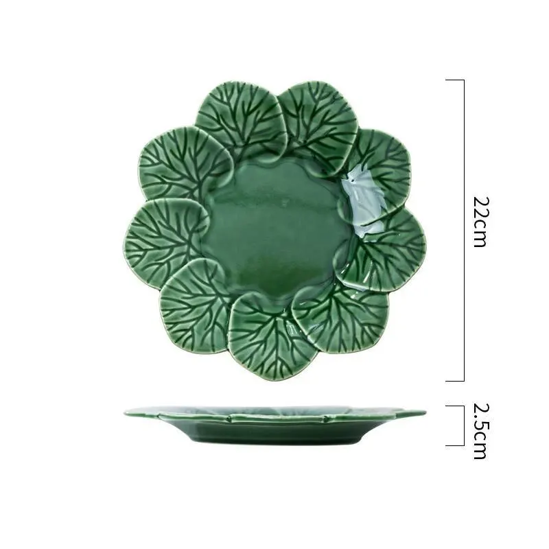 

Dishes and dishes relief Portuguese leaves underglaze ceramic tableware plate surface dessert bowl shape green export